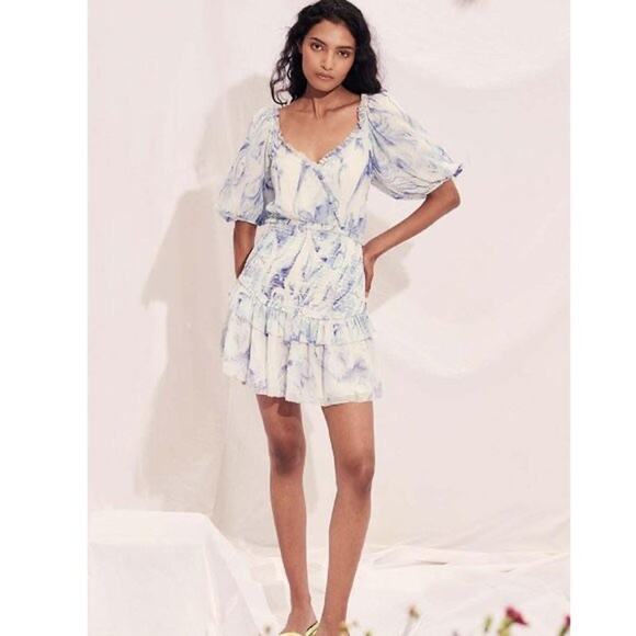 SAYLOR NEW Violette Blue White Abstract Smocked Mini Dress Size M - Picture 1 of 11